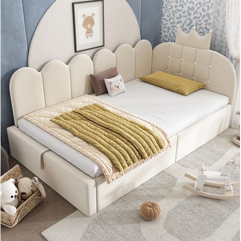 Tagesbett 90x200 cm beige aus Samt mit Krone, Gitterdesign und Stauraum (1/5)