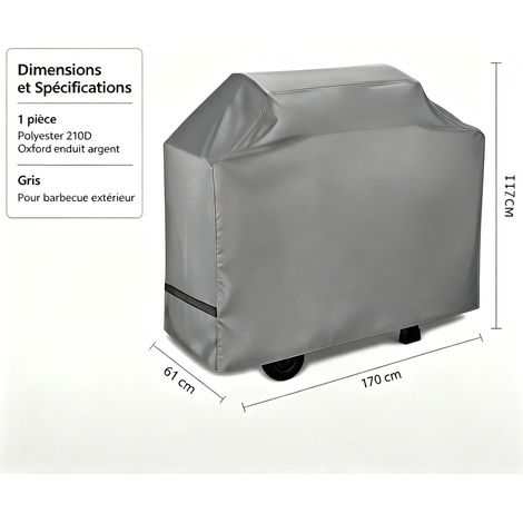 Housse de Barbecue 210D Gris Argente 170 x 61 x 117 cm - Couverture Anti-Pluie avec Velcro (1/4)