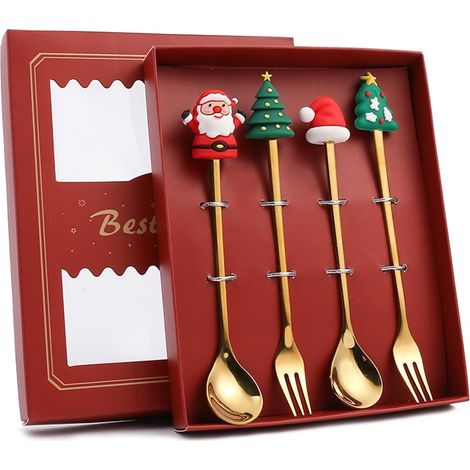 4 Cuillères et Fourchettes de Noël en Acier Inoxydable, Formes Père Noël et Sapin, Décoration de Table pour Dîner Maison, Boîte Rouge (1/5)