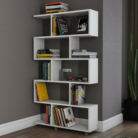 Dmora - Estante para libros Hamal, Estante de oficina, Porta libros móvil, Biblioteca, 90x20h156 cm, Blanco, con embalaje reforzado (1/4)