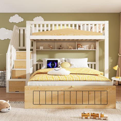 Lit superposé enfant 90x200 et 140x200 cm avec coffre hydraulique, escalier rangement, garde-corps et USB-C, bois et métal, Blanc et naturel (1/5)