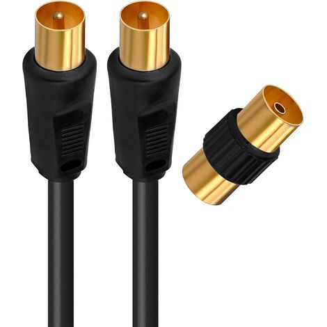 Cable de antena de TV de 9,5 mm, 5 metros, conectores macho/macho dorados, cable coaxial negro con adaptador, enchufe de pared de 9,52 mm, 5 m (1/5)