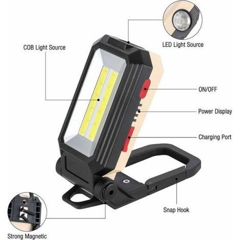 Projecteur de chantier LED rechargeable, base magnétique + crochet, 4 modes, lampe réglable 180°, pour camping et réparation. (1/5)
