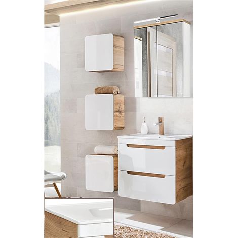 Badmöbel Set Hochglanz weiß mit Wotan Eiche Nb. LUTON-56 mit 61 cm Waschtisch und LED-Spiegelschrank, B/H/T ca. 110/200/46 cm (1/5)