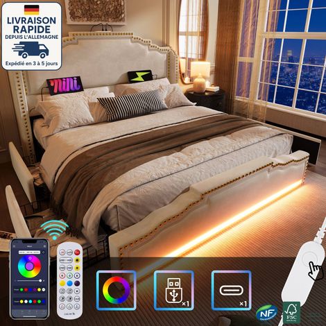Lit avec tiroirs 160x200 cm,Lit adulte 160x200 cm - sans matelas, lits doubles LED, USB, velours, beige (1/5)