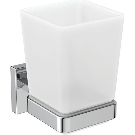 Gobelet Verre à dent Porte Brosse à dent pour Salle de Bain Carré Fixation Mur Finition Blanc et Chrome E2204AA (1/4)