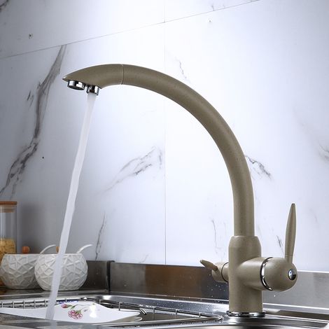 Rubinetto da Cucina 3 Vie Girevole 360° Rubinetto Miscelatore per Lavello 3 in 1 Fredda Calda e Depurata Beige (1/3)