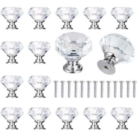 15 Pcs Boutons de Meuble Diamant, Poignées Transparentes en Cristal pour Tiroirs et Placards (1/4)