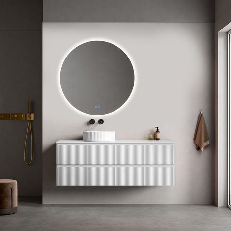 Mobile bagno sospeso cannettato reversibile 140 cm Bianco Opaco per Lavabo d'appoggio Specchio Tondo Retroilluminato - Fiji Paint Top Canneté (1/4)