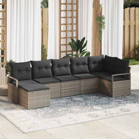 Sofa Set 7 pcs Grau Poly-Rattan