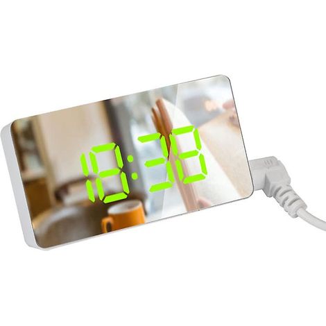 Reloj despertador digital LED con acabado de espejo, con funciones de atenuación, repetición de alarma y control de temperatura ideal para dormitorios, oficinas y viajes se alimenta por USB. (1/5)
