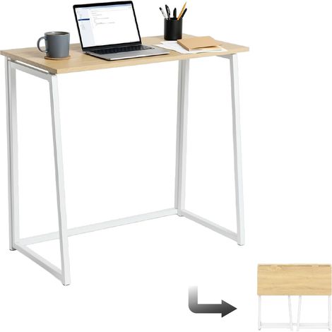 Meuble Bureau Informatique Pliant pour Petits Espaces Postes de Travail Table d'Ordinateur Pliante, Assemblage Facile, Cadre en Métal, Chêne + Blanc, 80x40x74cm (1/5)