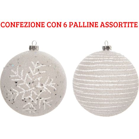 6 PALLINE DI NATALE 8 CM BIANCO INVERNO DECORAZIONI ASSORTITE