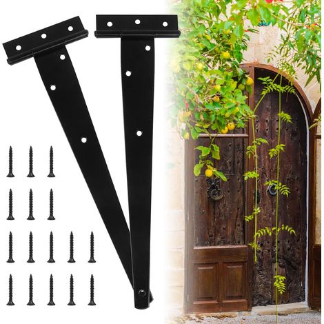 2 Pcs Heavy Duty Door Hinges, 12 Inch T-Hinges, Black T-Hinges with Screws, Stainless Steel Flat Hinge for Factory Gates, Warehouse, Garden (1/5)