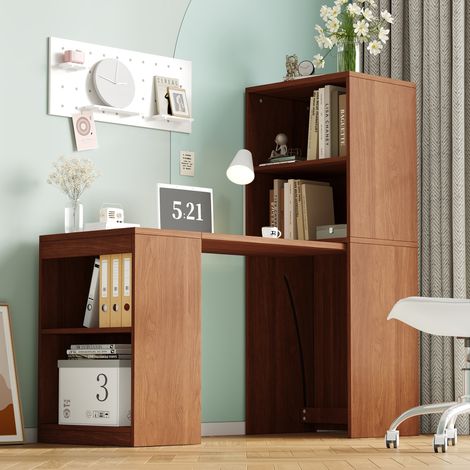 Bureau pliant multifonction 130x51x137 cm avec bibliothèque, 4 étagères de rangement, bureau escamotable gain de place effet noyer (1/5)