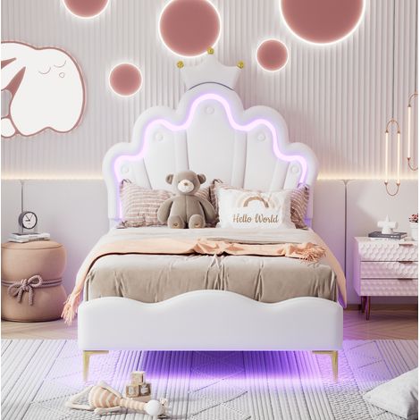 Lit enfant PU blanc 90x200 cm avec LED, tête de lit couronne et hauteur réglable (1/5)