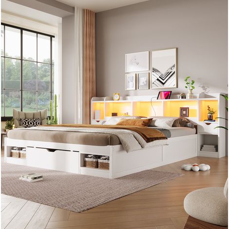 MODFU – Cama de matrimonio 180x200 cm de MDF/contrachapado con LED 7 colores, USB, 3 cajones, 6 nichos y carga 200 kg – Blanco (1/5)