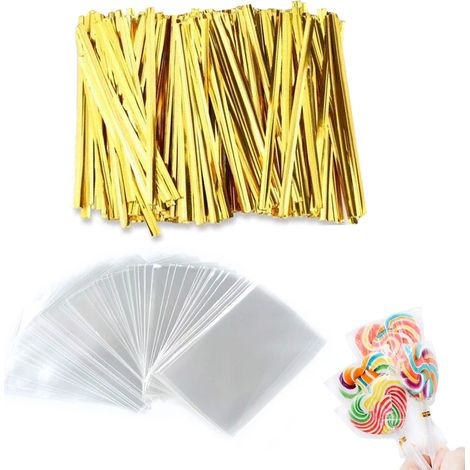 Sachets à cake pops (300 pièces) en cellophane avec 760 attaches torsadées - pour emballer sucettes, bonbons, chocolats et biscuits sur buffet (1/5)