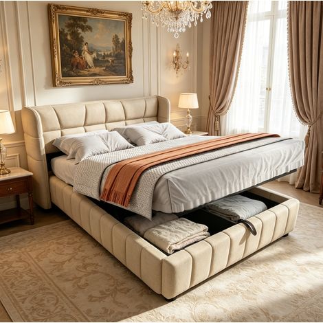 Lit coffre 140x200 cm en tissu beige, avec rangement gain de place pour chambre FloraGrace (1/5)
