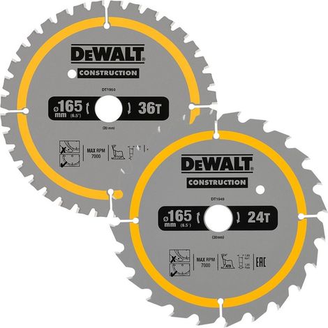 DEWALT DT90270 Construction Circular Saw Blade 2 Pack 165mm x 20mm x 24T/36T (1/5)