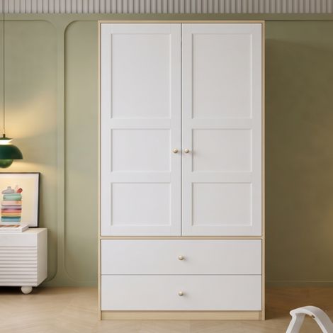 Armoire 100 x 48 x 180 cm, 2 portes, 2 tiroirs, tringle et grand rangement pour chambre ou dressing, spacieux, blanc et effet bois (1/5)