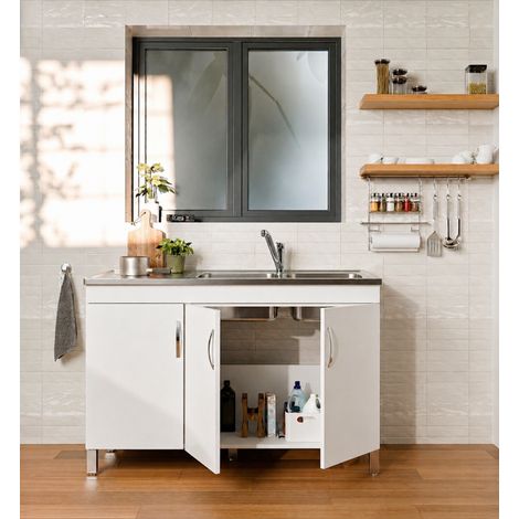 Meuble sous-évier 3 portes BENT Blanc Brillant avec évier (1/5)