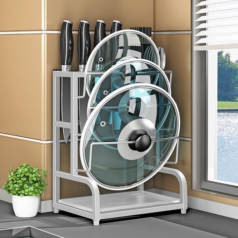 Porte-couvercles 2 en 1, porte-couteaux, en acier inoxydable 304, multifonctionnel, couleur authentique, avec 3 emplacements pour couteaux et 1 porte-baguettes. (1/5)