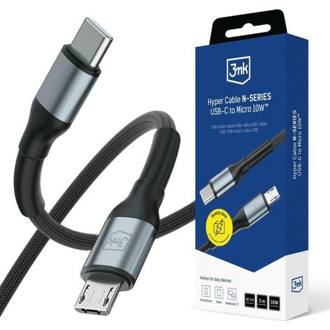Câble 3MK Hyper Cable série N USB-C vers micro USB 3 m QC 3.0 5 V/2 A 10 W noir (1/4)