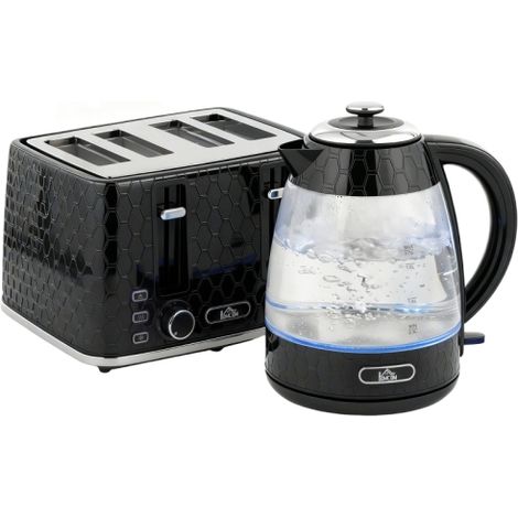 Set composto da bollitore a ebollizione rapida da 1,7 litri e 2200 W e tostapane a 4 fette con filtro anticalcare, colore nero (consegna in loco). (1/5)