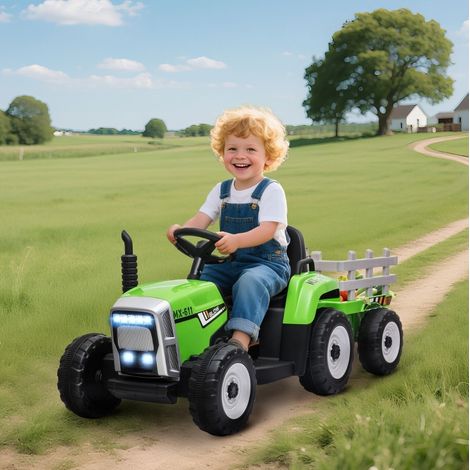 Elektrischer Kindertraktor mit Anhänger, Fernbedienung, 6 km/h, grün/schwarz OKMYHOME (1/5)