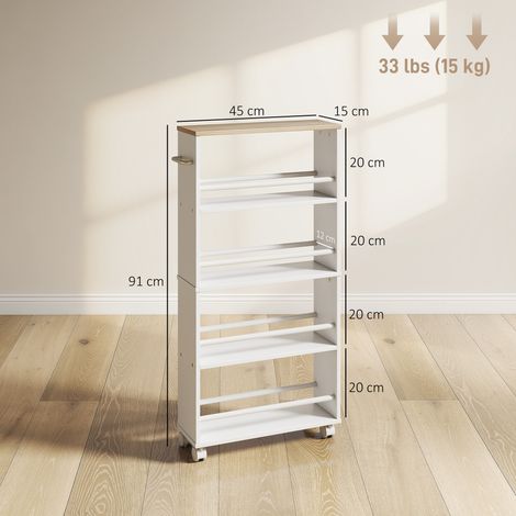 Étagère multifonctionnelle à roulettes, design étroit, 4 compartiments, 45 x 15 x 91 cm, naturelle (1/5)