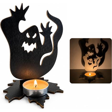 Bougeoir en Bois pour Halloween, Bougeoir avec Projection d'Ombre, Crée une Silhouette Fantôme par la Lumière, Décoration Effrayante pour Maison (1/5)
