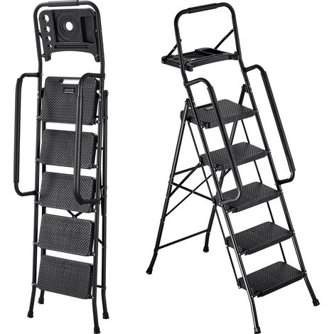 Escabeau Pliant 5 Marches Marchepied Pliable Charge 272 kg Échelle Domestique Acier pour Cuisine, Bureau, Travaux Ménagers, avec Large Marche Antidérapante, Plateau à Outils, Double Rampe, Noir (1/5)