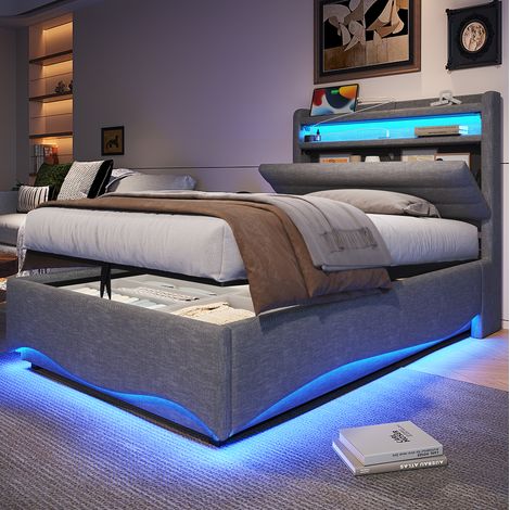 Bett Stauraumbett 90 x 200 cm LED Leinen HAVRYA (1/5)