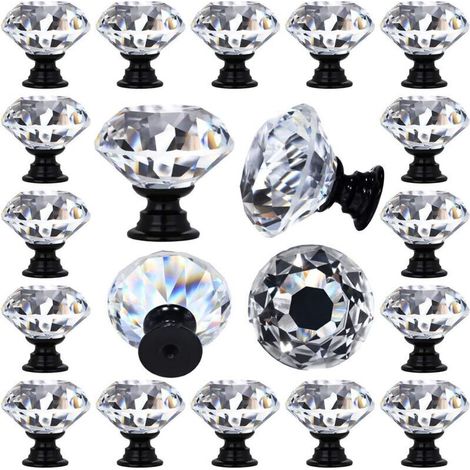 Juego de 12 pomos decorativos con forma de diamante para cajones, tiradores de cristal transparente para armarios de cocina, 30 mm (1-1/4 pulgadas), base negra. (1/4)