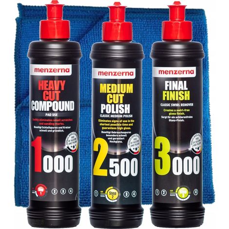 Set de pastas pulidoras Menzerna 1000, 2500 y 3000 para pulir pintura de automóviles.