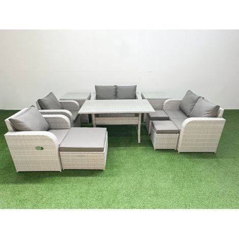 Fimous 9 Seater Outdoor Reclining Chair Love Sofa Set Rattan Garden Furniture Set with Rectangular Dining Table 3 Stools 2 Side Table Light Grey (1/4)