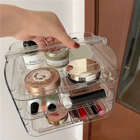 Organisateur de maquillage à 3 niveaux en acrylique transparent, anti-poussière, avec poignée, pour femme.
