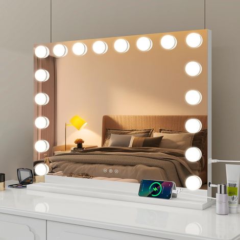 Miroir Maquillage Hollywood 80x62 cm,18 Ampoules LEDMiroir Coiffeuse Luminosité Variable avec Port USB, Contrôle Tactile avec Loupe Grossissante, pour Coiffeuse Miroir sur Table/sur Mur (1/5)