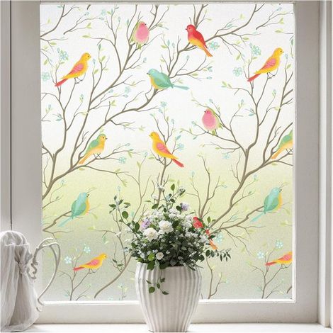 Film de fenêtre d'intimité – Motif oiseaux – 45x200 cm – Translucide – Électrostatique – Non adhésif – Bureau (1/5)