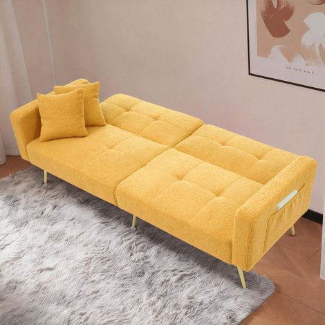 Canapé-lit 175x64x72cm inclinable avec fonction lit et rangements latéraux - Pieds dorés et coussin inclus - Jaune (1/5)