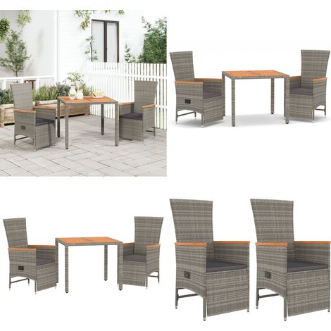 3-tlg. Garten-Essgruppe mit Kissen Grau Poly Rattan - Gartenmöbel - Essgruppe - Outdoor Möbel - Rattan Sessel - Lounge Set - Home & Living (1/5)