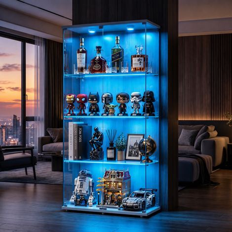 JOOKGBD-Glasvitrine,vitrinenschrank mit 2Türen 4Regalen transparent,Glasvitrine mit LED-Beleuchtung,Sammlerstücke Glasvitrine,Vertikale Glasvitrine,für Wohnzimmer Schlafzimmer Büro,Weiß
