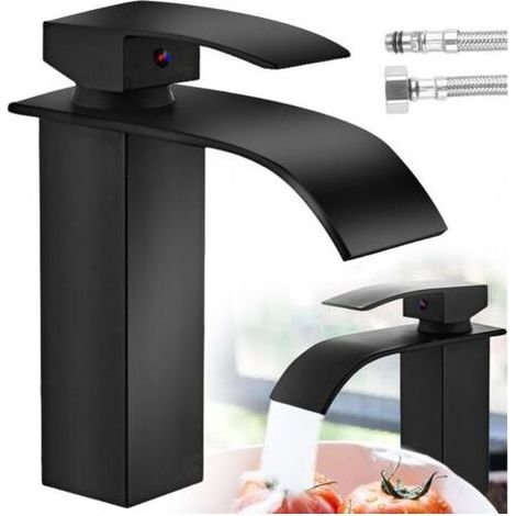 Mitigeur Cascade Noir Moderne pour Lavabo - Robinet de Salle de Bain Auralum - Convient pour les Lavabos encastrés (1/5)