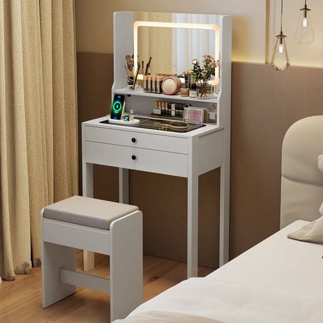 Coiffeuse blanche avec plan en verre, tabouret rembourré, miroir LED 3 couleurs et prises intégrées pour chambre et salle de bain (1/4)