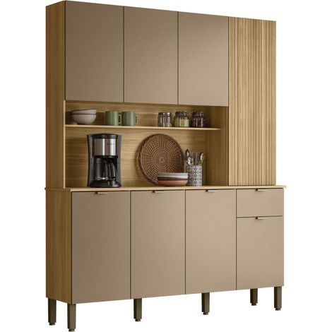 Buffet 8 Portes 1 Tiroir 18 Niches Chêne et Gris Taupe L 161 H 200 P 38.8 cm