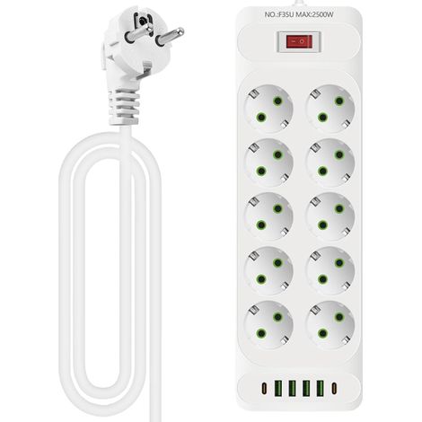 Multiprise 10 prises : prise avec 4 ports USB et 2 ports C, distribution murale, interrupteur, 2 mètres de câble pour le bureau, (1/5)