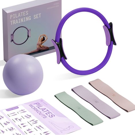 Set Anneau Pilates avec Cercle Pilates, 3 Bandes de Résistance (15, 25, 35), Mini Ballon Anti-éclatement, Kit Pilates Maison pour Gym Maison, Force