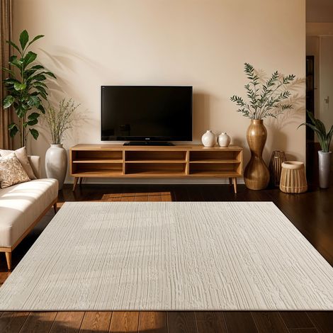 Paco Home Tapis Salon Haute Mèche Design Scandinave Boho Uni Texture Douce Crème 160x220 cm