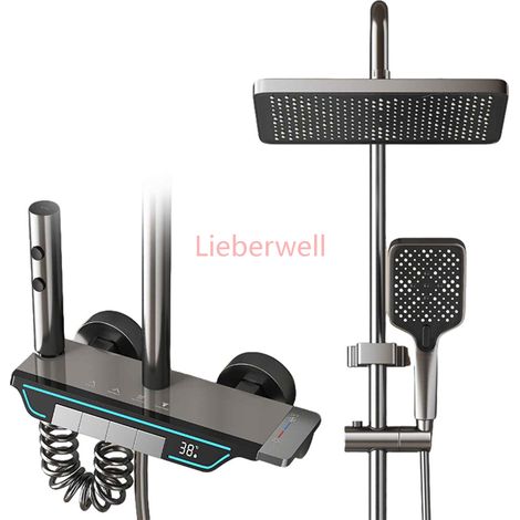 Ensemble de douche gris anthracite avec affichage numérique thermostatique, pommeau de douche 4 jets, boutons 3 fonctions, barre de douche réglable (1/5)